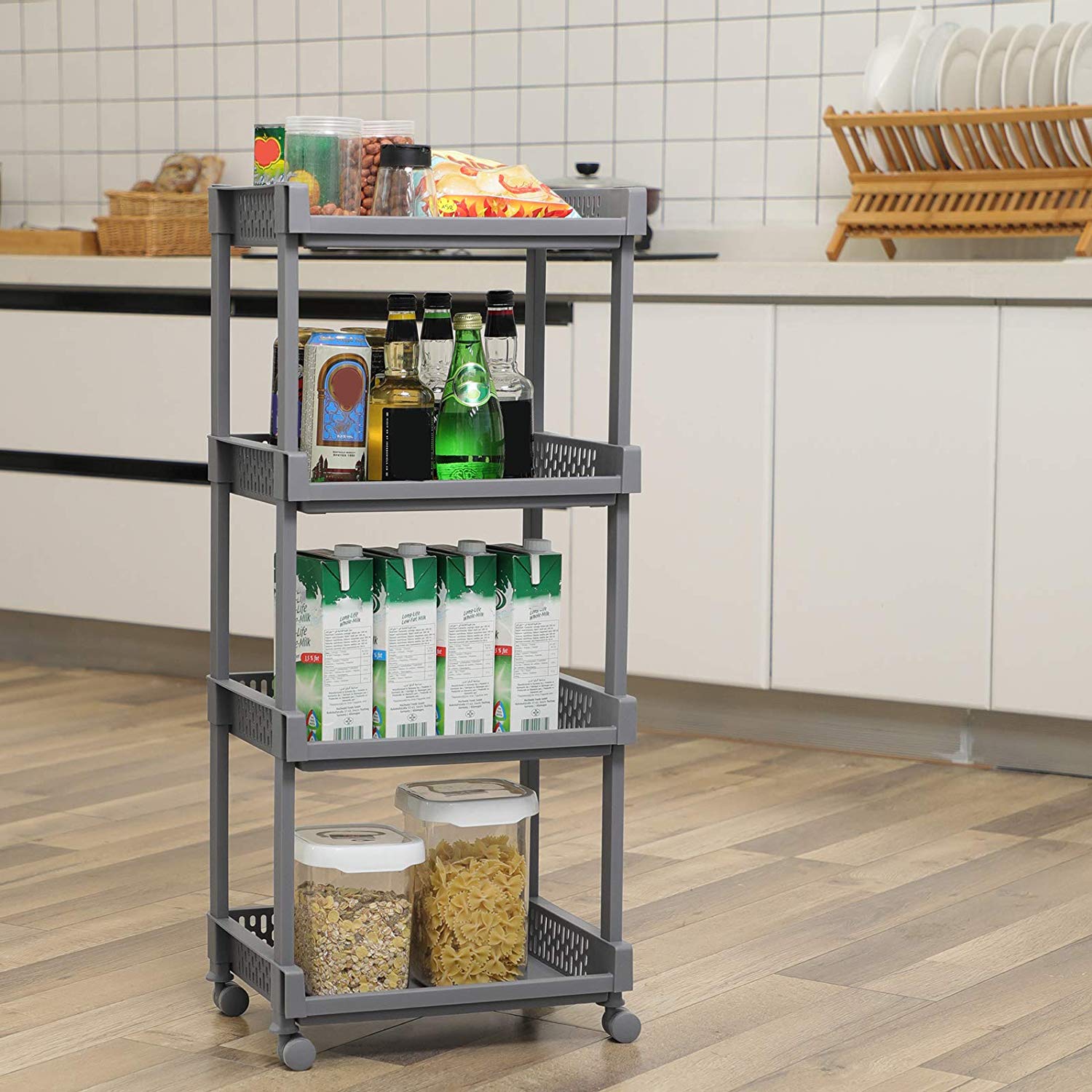 4 shelves Kitchen storage trolley cart with storage baskets and wheels